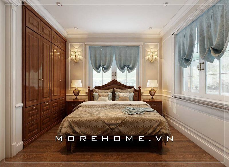  Thiết kế giường ngủ tân cổ điển sang trọng với họa tiết hoa văn đơn giản, màu sắc nâu trầm nhẹ nhàng tinh tế không quá cầu kỳ mang lại không gian nghỉ ngơi riêng tư thoải mái nhất